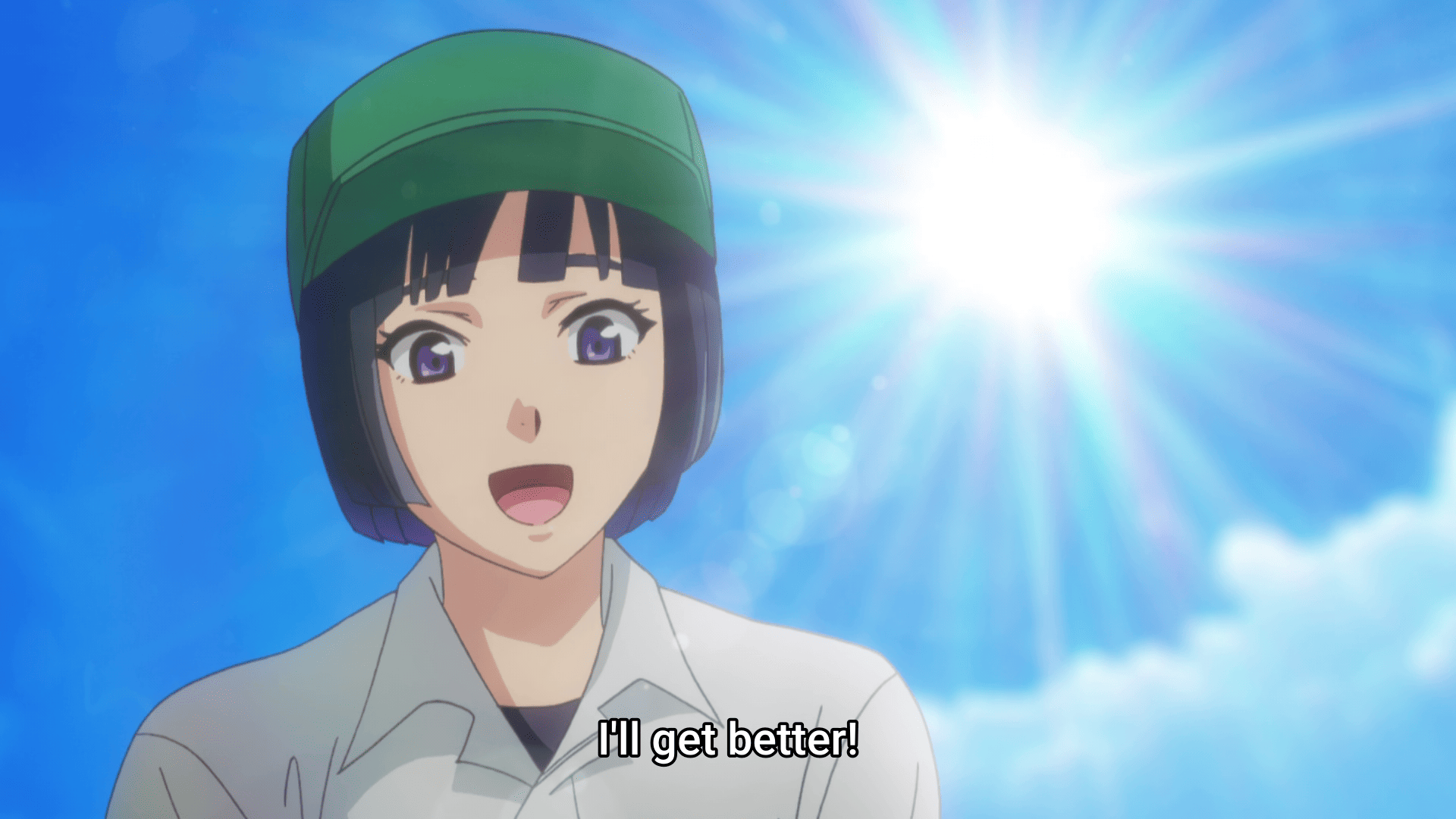 anime screenshot: aoi, with short hair and in a caddy uniform, says "I'll get better!"