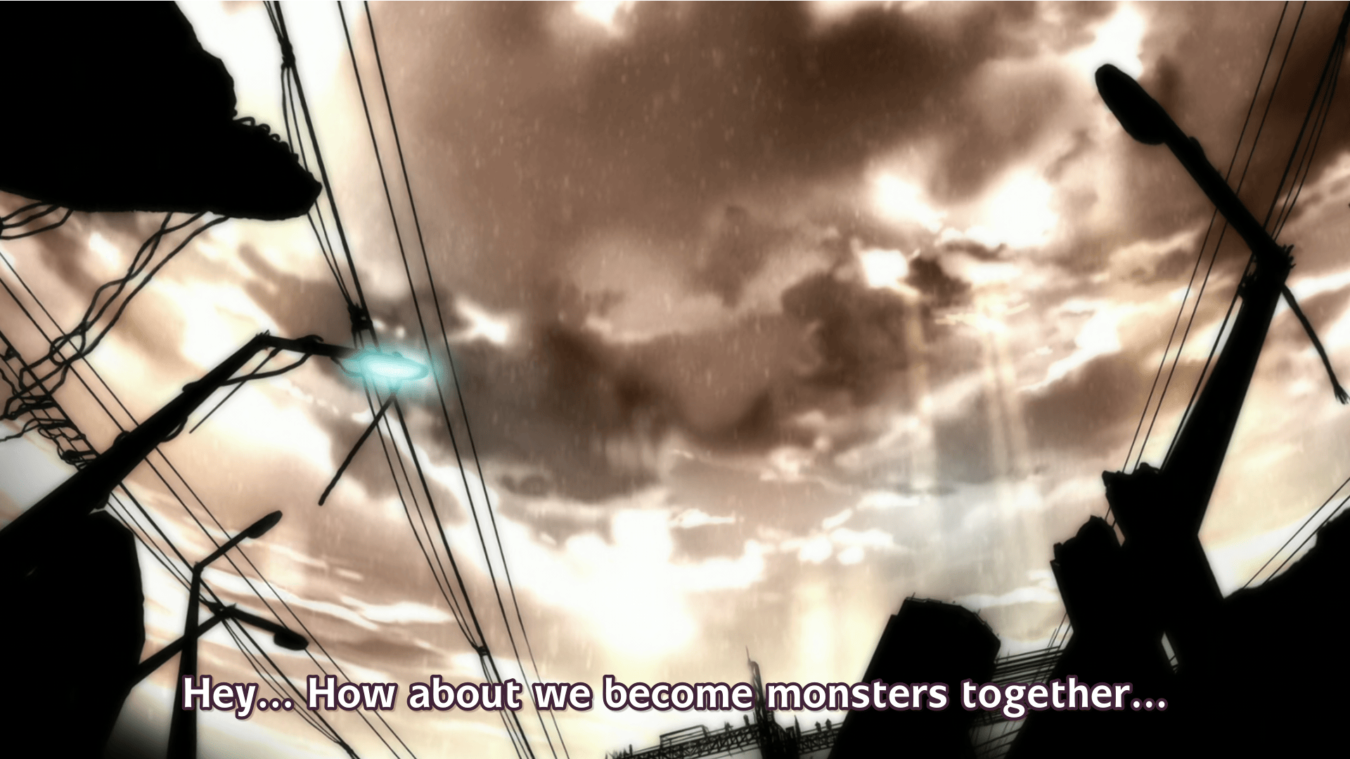 shot of an eerie sky, surrounded by destroyed buildings; subtitles: "Hey ... how about we become monsters together ...